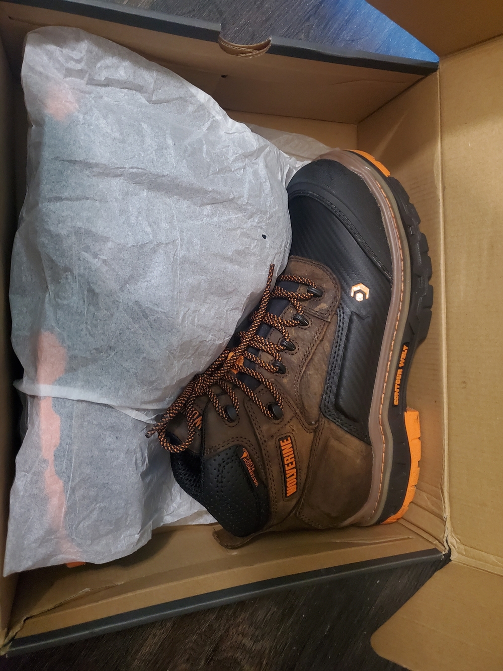 Wolverine Brown Work Boot with Orange Accents - Picture 3 of 3